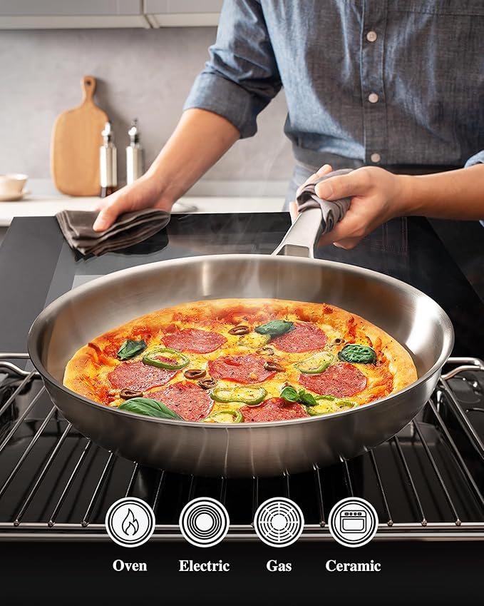 Tri-Ply Stainless Steel Frying Pans Set,PFOA&PTFE Free Skillets,Chef's Pan Set(8+10+12inch) Frying Pans for cooking,Induction Cookware Sets,Dishwasher and Oven Safe Kitchen set