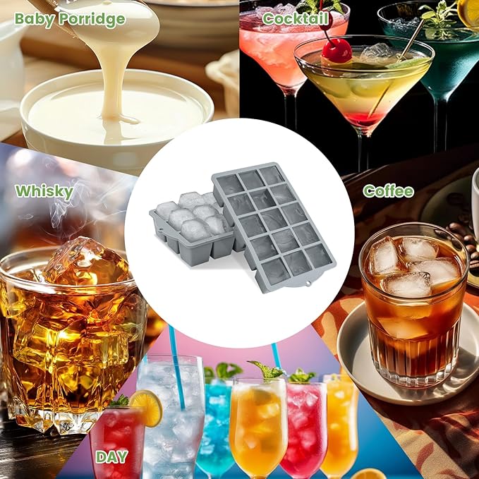 Silicone Ice Cube Tray, 2 Pack Easy-Release Stackable Ice Trays for Freezer with Lid 15 Reusable Cubes, Food Grade BPA Free Ice Molds for Whiskey, Baby Food, Coffee, Cocktail, Drinks (Grey)