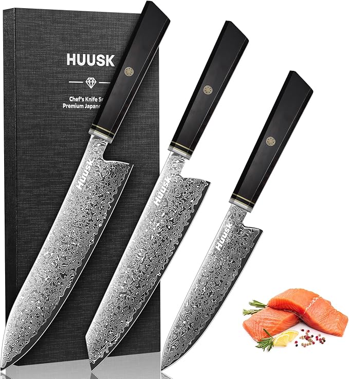 Huusk Damascus Kitchen Knife Set - 3 PCS Chef Knife Set Professional, Razor Sharp 67 Layers Damascus Japanese Knives Set for Kitchen with Wood Handle, Ideal Gift for Dad