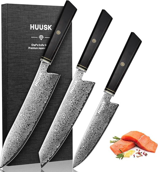 Huusk Damascus Kitchen Knife Set - 3 PCS Chef Knife Set Professional, Razor Sharp 67 Layers Damascus Japanese Knives Set for Kitchen with Wood Handle, Ideal Gift for Dad