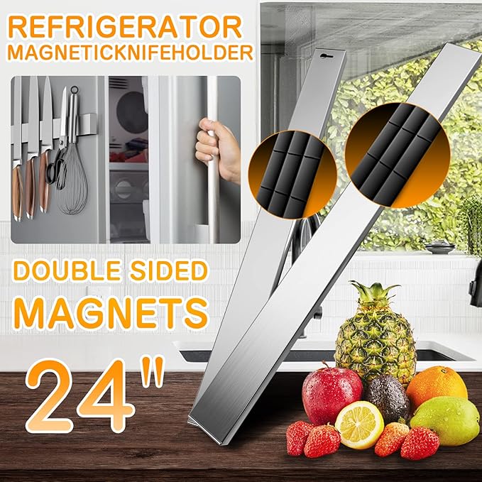 Ninonly 24 Inch Magnetic Knife Holder for Refrigerator, Stainless Steel Double Sided Magnet Knife Strip for Wall, No Drilling Magnetic Knife Rack with Powerful Magnetic Pull Force Fridge Applicable
