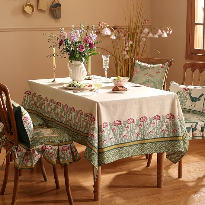 patdrea Designer Linen Green Tablecloth for Rectangle Table,Vintage Leaves Pattern Durable Table Cloth,Floral Decor Cover for Kitchen Dining,Christmas,Thanksgiving,Party,55"x87"-Cecilia D