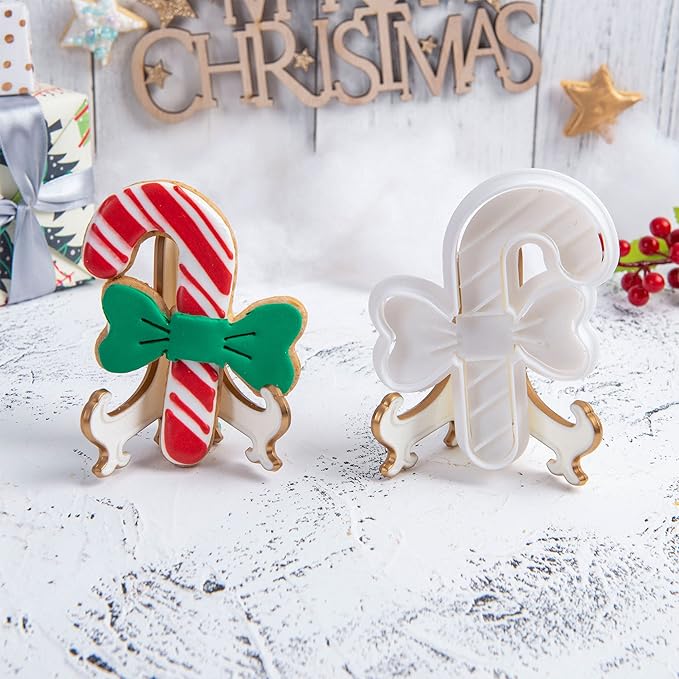 Flycalf Christmas Cookie Cutters Candy Cane Shapes with Plunger Stamps Holiday PLA Baking Accessories Cutter Molds Gifts Decorative Party 3.5" Kitchen Cake Supplies