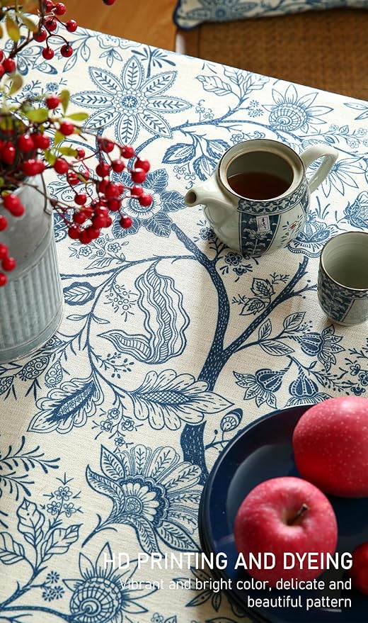 ISAENNE Designer French Linen Square Tablecloth,Blue Floral Washable Indoor Table Cloth,Durable Home Decor Tablecloths for Dining Thanksgiving Kitchen Tea Party Christmas,67"*67"-Ruyi B