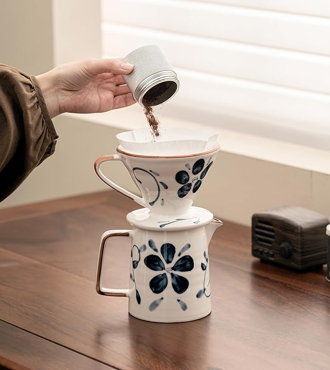 Pour Over Coffee Maker,Ceramic Coffee Maker With 40 pcs Paper Filter，15oz/450ml Pour Over Coffee Dripper (Blue and white, V02)