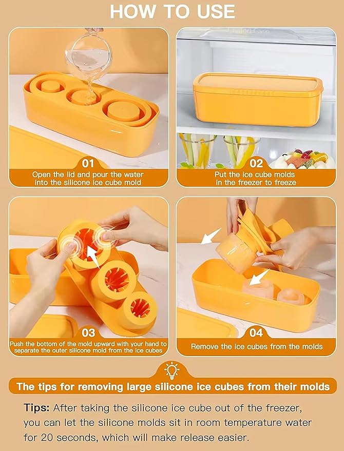 Ice Cube Tray for Stanley Cup, Silicone Ice Mould with Lid & Bin, Long Ice Cubes for 30-40Oz Tumbler, Easy Fill & Release, Perfect for Cocktails, Whiskey, Iced Coffee, Drinks, BPA Free (Yellow)