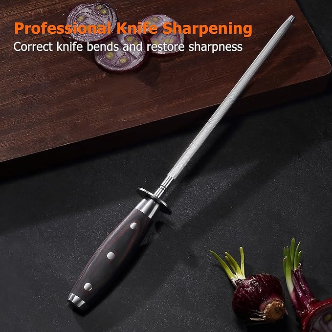 PAUDIN 10 Inch Honing Steel, Knife Sharpening Steel, Professional Carbon Steel Knife Sharpener Rod for Kitchen Knives