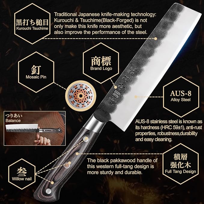 7 Inch Nakiri Knife, Black Forged Japanese Cleaver Knife Chefs Knife with High Carbon Stainless Steel, Japanese Nakiri Knife with Full Tang Pakkawood Handle, Christmas Gift with Premium Box