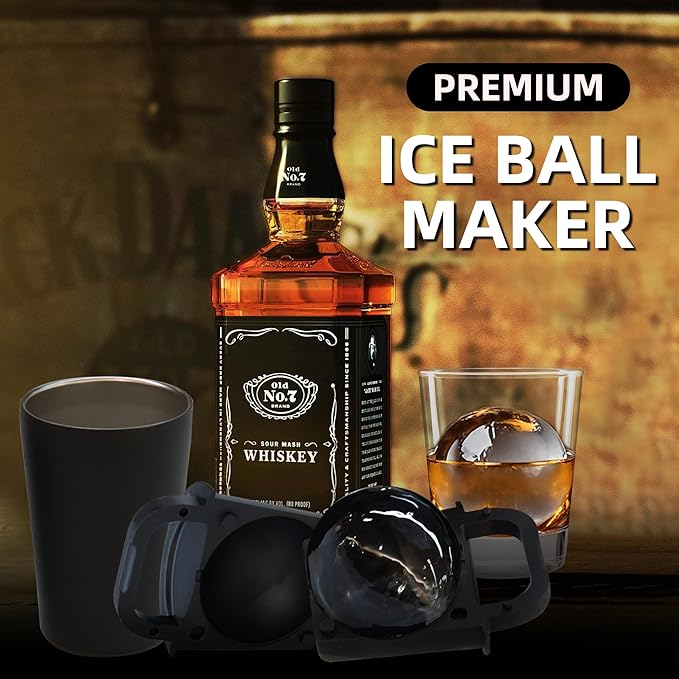 Clear Ice Cube Maker Tray – 2.5 Inch Large Round Ice Ball Mold, Stainless Steel & Silicone, Slow Melting Clear Sphere Ice for Whiskey, Cocktails, and Home Bar Use (Black-2 Pack)