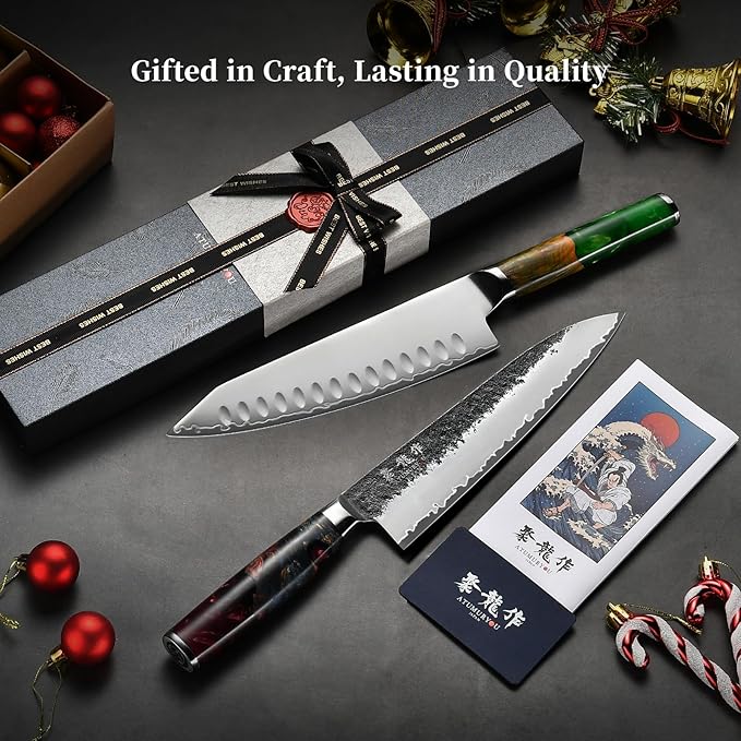 Japanese Chef Knife, 8 Inch Hand Forged Kitchen Knives with VG10 Steel, Professional Gyuto Knife for Home & Restaurant, Sanmai Chefs Knives with Ergonomic Red Handle, Cooking Gifts for Men Women