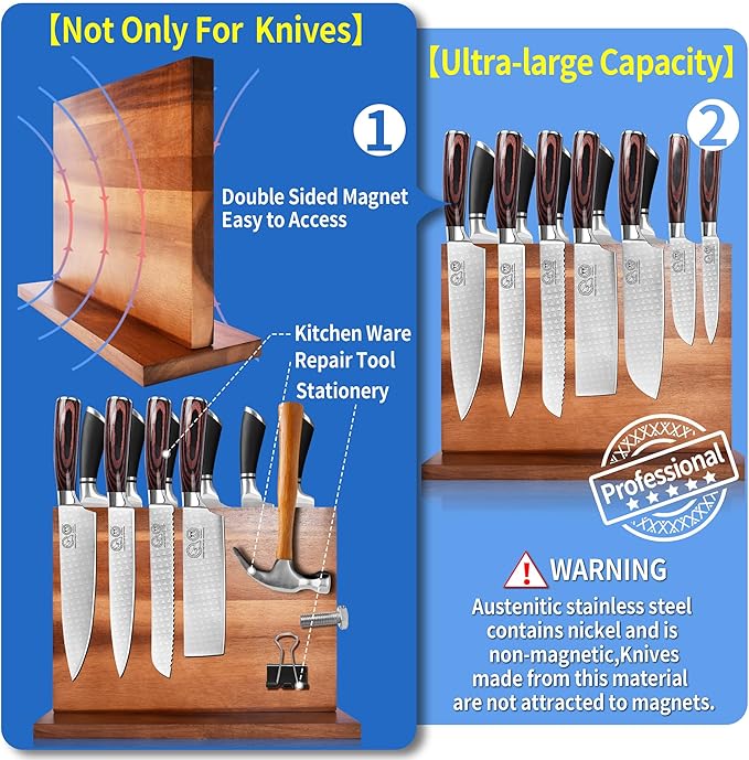 XYJ Extra Large Magnetic Knife Block Acacia Wood Knife Set Holder Stand With Stronge Magnetic Strip Kitchen Knives Storage Rack Organizer Tools No Drilling