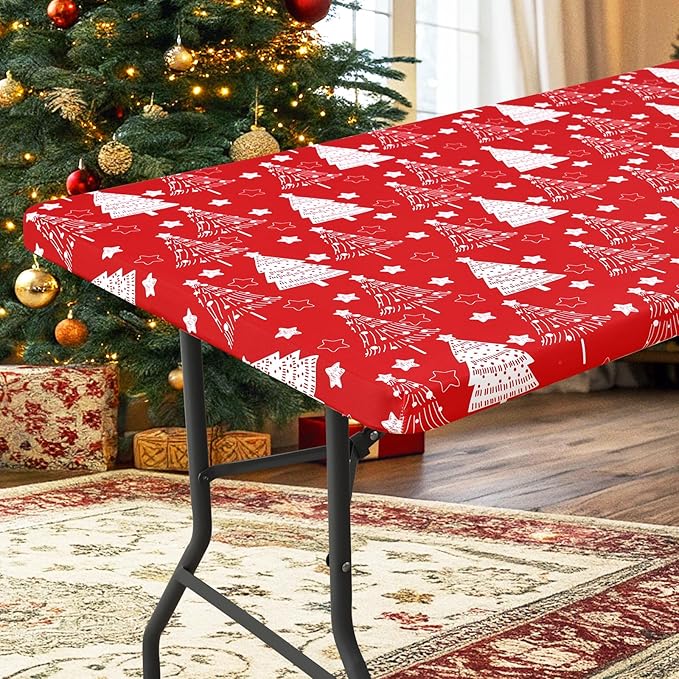 homing Rectangle Table Cloth Cover, Waterproof Polyester Elastic Fitted Tablecloth, Fits for 8 Foot Folding Tables, Washable Table Protector for Christmas, Holiday, Party (Christmas Tree, 30" x 96")