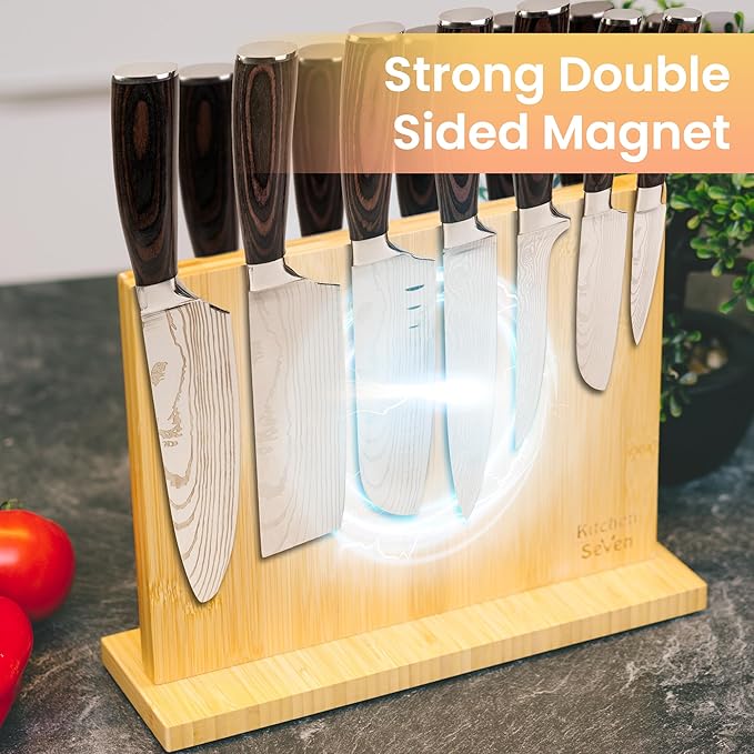 Knife Block Magnetic Knife Holder with Powerful Magnet, 100% Pure Bamboo Large Capacity Knife Organizer Block, Double Side Strongly Magnetic Kitchen Utensil Display (Stand)