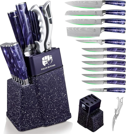 FULLHI 14pcs Block Knife Set, Chef's Knife Steak Knives Set with Block and Sharpener, Kitchen Knife Set, Multi-colour Handle, Gifts for Men Women