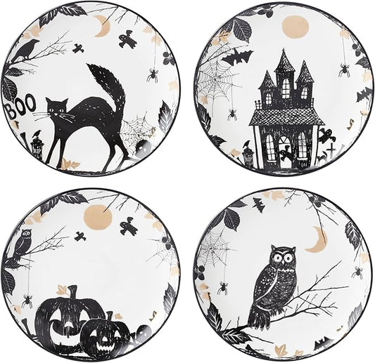 Lenox Dinnerware, Vintage Halloween Haunted Accent Plates, Assorted, Set of 4, Porcelain, Dishwasher & Microwave Safe, Halloween Decor Indoor, Spooky Decorative Plates for Home (Black/White, 4 Piece)
