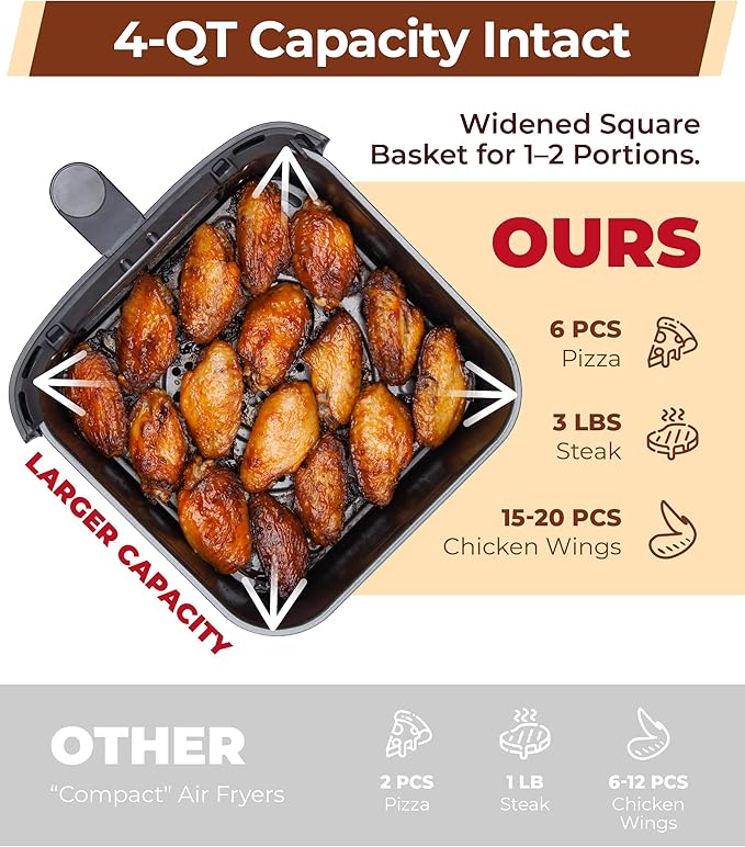 Cartman 4QT Compact Air Fryer, Extreme Flat(only 6.7in high), with Viewing Window and DC Motor, Up to 450℉, Touchscreen Controls with 7 Presets, Black, Small Air Fryers
