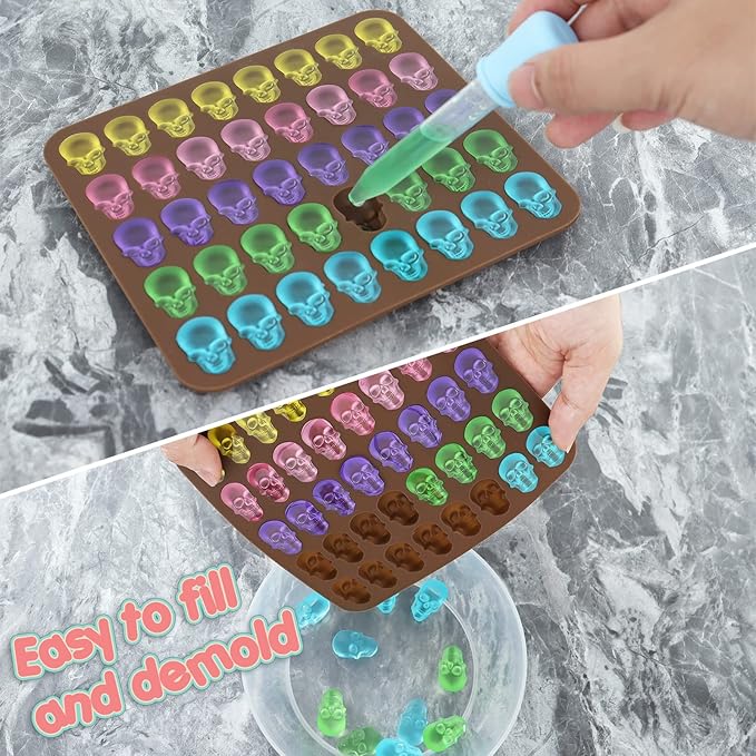 Silicone Gummy Molds, 2 Pack 40 Cavity Skull Candy Mold with 1 Dropper for Halloween Ice Cube, Chocalate, Candy, Jelly, Dog Treats