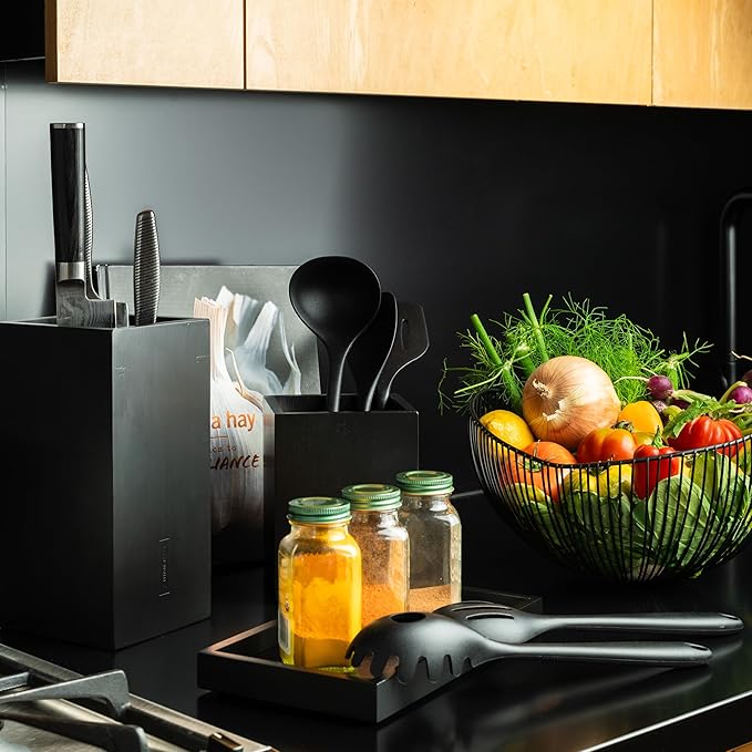 KAIZEN Bamboo Knife Block Without Knives - Perfectly Sized Universal Knife Holder for Knives, Scissors - Unique Knife Storage for Counter Top with Anti-Slip Base (Black - Bamboo)