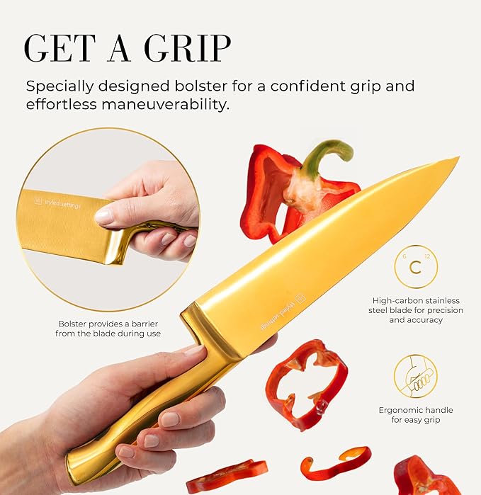Styled Settings 14-Piece Knife Set with Block & Built-In Sharpener – Ultra-Sharp Full Tang Kitchen Knives – Premium Cooking & Prep Essentials, Gold Handle, Gold Blade & Black Block