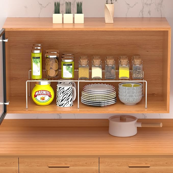 iPEGTOP Expandable Kitchen Cupboard Organiser, 2-Piece Adjustable Freezer Cabinet Storage Wire Shelf Rack Rustproof Metal Shelves Space Saver for Countertop Pantry Drawer Utensils