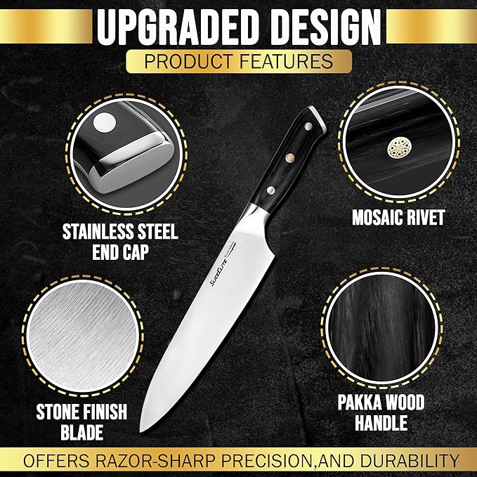 SliceElite Slice Series 8 Inch Chef Knife High Carbon German Steel Blade Pakkawood Handle Dual Sheath Sharp Cooking Knife for Meat Cleaver BBQ Kitchen Knife for Slicing Chopping Cutting Carving Tool