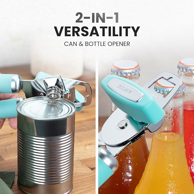 Zulay Kitchen Heavy Duty Stainless Steel Can Opener Manual with Bottle Opener - Rust Proof Manual Can Opener With Turn Knob & Comfy Soft Grip Handles - Teal