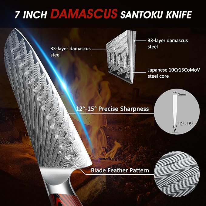 HOSHANHO Damascus Santoku Knife, 7 Inch Professiona Kitchen Knife, Damascus Super Steel Ultra-Sharp Santoku Chef Knife with Ergonomic G10 Handle