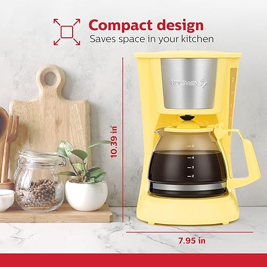 Holstein Housewares 5 Cup Drip Coffee Maker – Compact and User-Friendly with Auto Pause & Serve, Reusable Filter, Measuring Spoon & Glass Carafe, Office & Dorm Use, Yellow