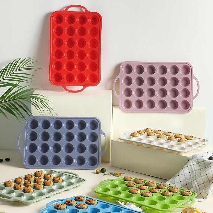 24 Cups Silicone Muffin Pan with Metal Reinforced Frame Mini Size Cupcake Pan Tray Egg Bites Silicone Circle Cookie Molds Muffin Tin Tart Pans Baking Sheet Set for Breakfast Sandwiches Round