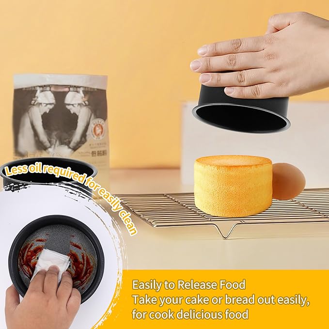 P&P CHEF Non-stick Cake Pan Set of 4, 4 Inch Round Baking Cake Pans Tins for Tier Smash Cakes, Non-Toxic & Solid, Stainless Steel Core & Leak-Proof, 4Pcs