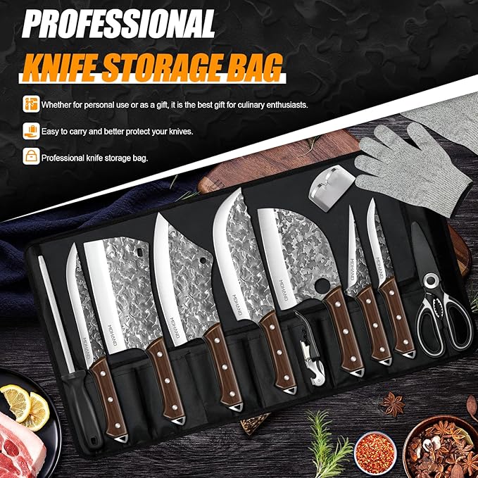 MDHAND 14PCS Professional Butcher Knife Set with Roll Bag, Heavy Duty Meat Cleaver, Boning Knife, Viking Knives, Hand Forged Chef Knife Set, Meat Cutting Knife for Kitchen, Gift for Men, BBQ, Camping