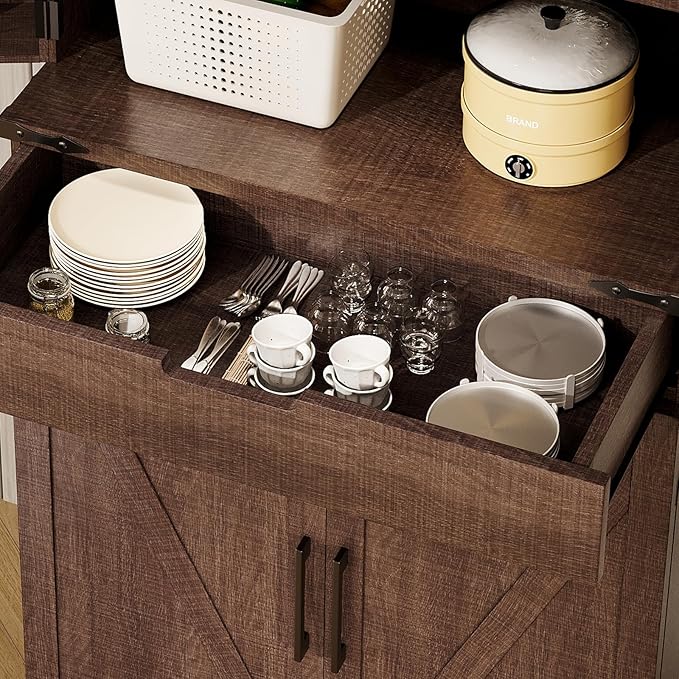 72" Tall Storage Cabinet, Kitchen Pantry Cabinet with Adjustable Shelves & Sturdy Steel Frame, Farmhouse Pantry Storage with 4 Barn Doors for Kitchen, Dining Room, and Living Room, Dark Grey