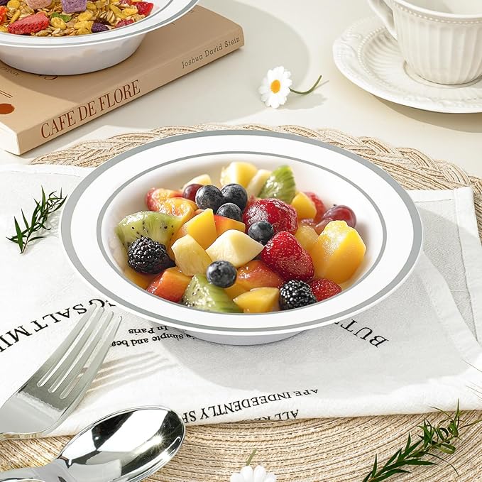 BESTVIP 200 Pack Plastic Bowls with Silver Rim, 12 oz Disposable Soup Bowls, Heavy-duty Dessert Fruit Bowl for Party, Wedding, Christmas, Thanksgiving, Dinner Catering