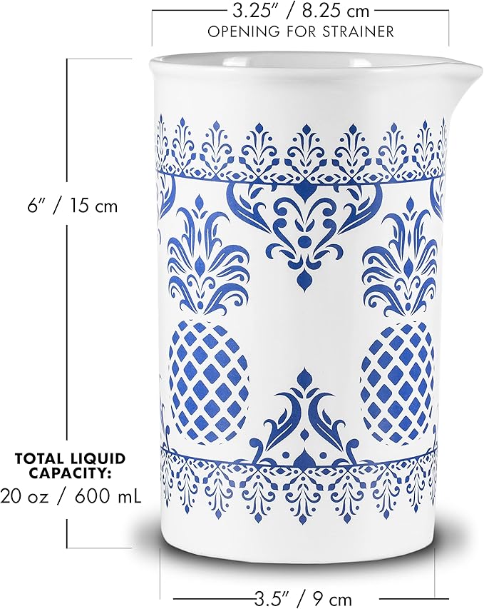 PIÑA BARWARE Seamless Professional Porcelain Mixing Glass – 600mL / 20oz (Pineapple Hospitality Pattern, 1-Pack)