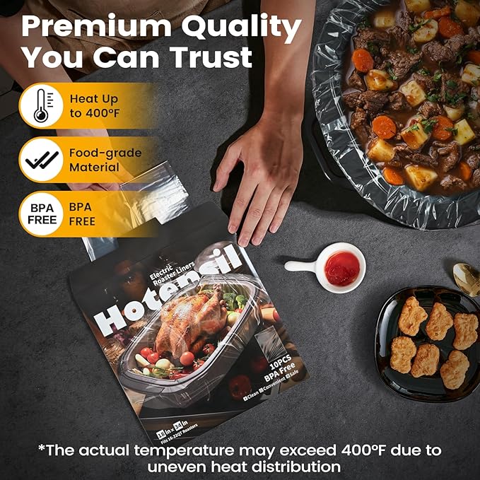Electric Roaster Liners & Slow Cooker Liners, 10 Count 34 x 18 Inch Universal Fit for 16-22 Quart Roasters, Mess-Free Cooking, Disposable Oven Liners for Easy Cleanup, Cooking Bag