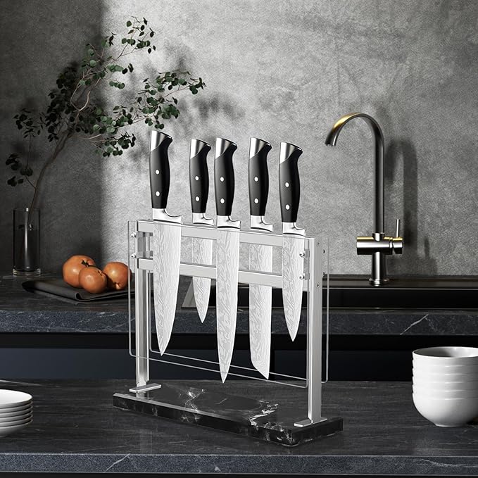 Acrylic Shield Magnetic Knife Block Holder - Marble Base Magnetic Knife Stand for Counter Top -Double Sided Magnetic Knife Holder -Stainless Steel Kitchen Knife Block without Knives -Black