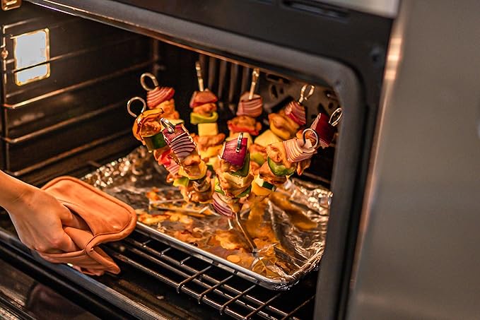 O-Yaki Flat Metal Kabob Skewer for Grilling – Set of 8 BBQ Skewers Stainless Steel with Storage Bag, Dishwasher Safe Skewers with Hook Handle & Sharp Tip for BBQ, Cookouts & Oven Use – 10 Inch