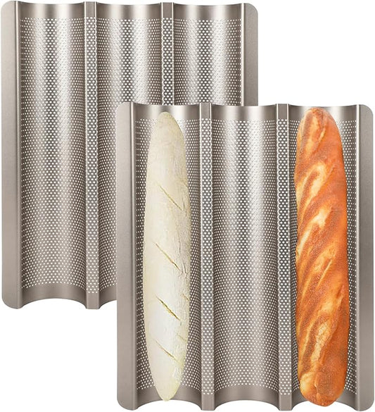 Baguette Bread Pan, Perforated French Bread Pans 15x11 Inch Nonstick, 3 Waves Loaf Tin for Homemade Sourdough Baguettes Baking, Oven Safe, 2 Pack, Gold