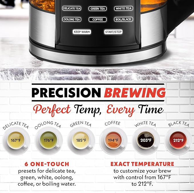 Gourmia Electric Programmable Glass Kettle – 1.7L Temperature Control Tea & Coffee Kettle with Digital Touch Display, 6 Presets, Keep Warm, Removable Stainless Steel Infuser, 360° Swivel Base – Green