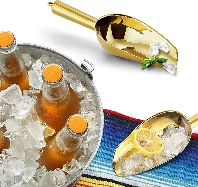 6 Ounce Ice Scoop Set of 2, E-far Gold Stainless Steel Small Scoops for Ice Cube/Candy/Flour/Sugar, Metal Utility Scoops for Canisters, Baking, Kitchen Pantry, Rust Free & Dishwasher Safe
