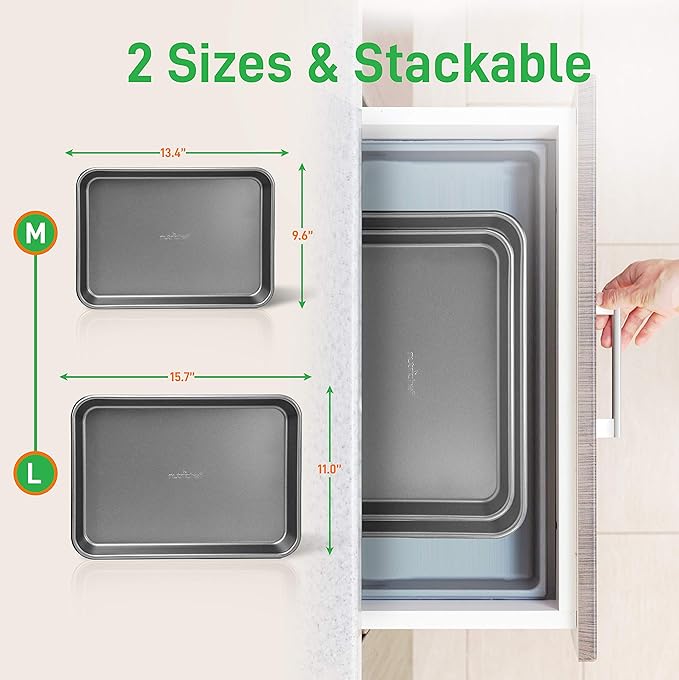 NutriChef 2-Piece Large & Medium Cookie Sheets for Baking - Non Stick Baking Sheet for Cookies, Sheet Cakes & Roasting - Dishwasher Safe - Gray