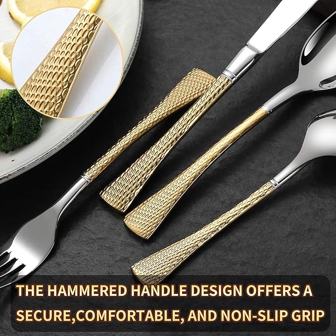 Lemeya Hammered Silver Gold Silverware Set,20 Piece Modern Flatware Set Service for 4,Mirror Polished Stainless Steel Cutlery Set Utensil Set Tableware,Kitchen Knives Forks Spoons Set,Dishwasher Safe