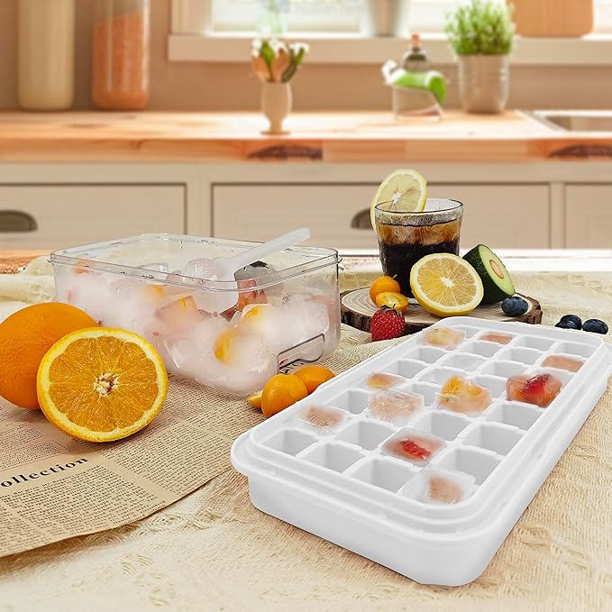 Satax Silicone & Plastic Ice Cube Trays with Lids and Bin - Durable, BPA-Free, Easy Release, Perfect for Cocktails, Coffee & More (1, blue)