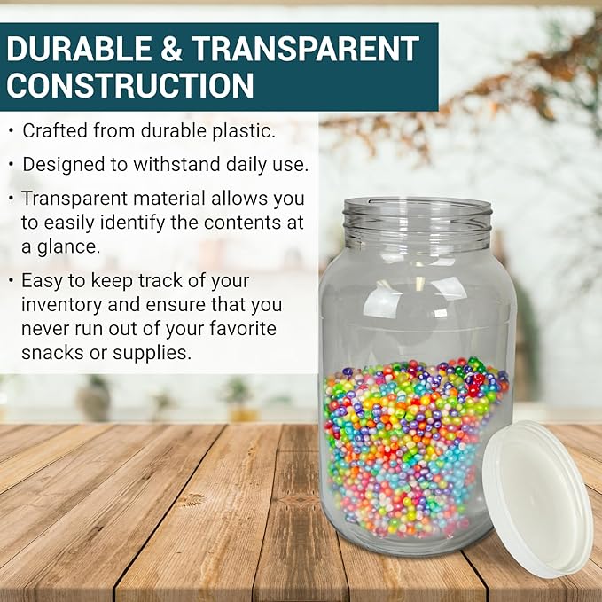 1 Gallon Large Plastic Jars with Lids (4 Pack) - Food Safe & Air Tight - Large Clear Plastic Jars with Lids - Wide Mouth Food Storage Containers - Kitchen & Pantry Organization by Billy Buckskin