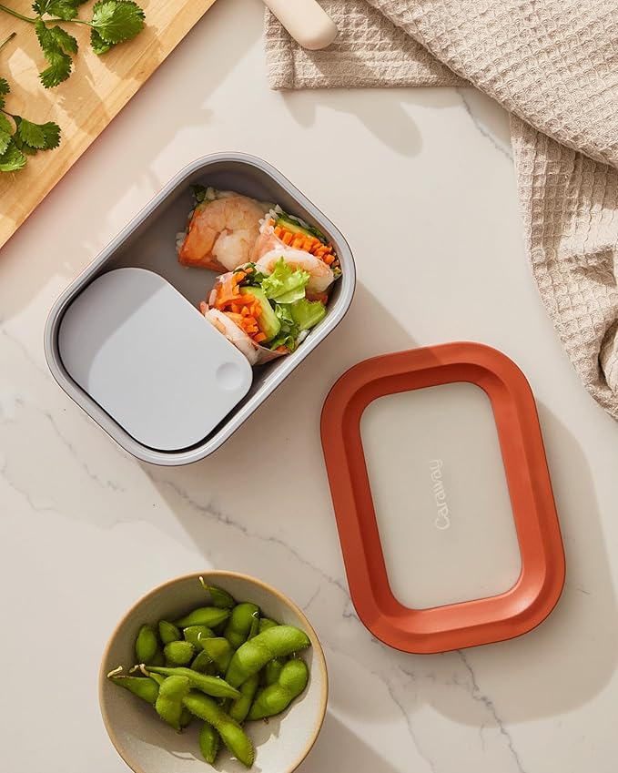Caraway Mini Rectangle Food Storage Container - 2.6 Cup Glass Storage Container for Food - Non-Toxic Ceramic-Coated Glass - Air Release Technology - Compact & Stackable Design - Perracotta