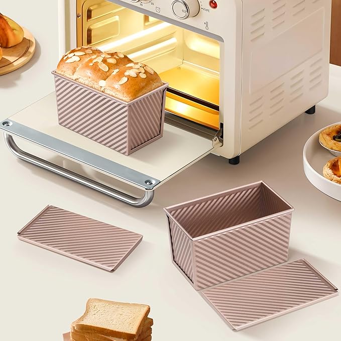 LIANYU Pullman Loaf Pan with Lid, 1 LB Dough Capacity Nonstick Bread Baking Loaf Pan, Carbon Steel Corrugated Bread Toast Box Tin for Homemade Sandwich, Rose Gold