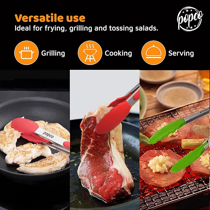 Popco 3-Piece Kitchen Tongs Set – Stainless Steel Heat Resistant Silicone Tips, Strong Comfort Grip, 3 Sizes (7, 9, 12 Inch), Non-Scratch, Dishwasher Safe, for Cooking, BBQ, Salad