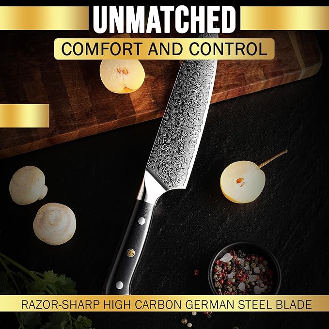 SliceElite Elite Series 7 Inch Santoku Knife VG10 Damascus Steel G10 Handle Dual Protection Cutting Kitchen Tool Sharp Vegetable Meat Chopping BBQ Chef Slicing Cleaver Cooking Camping Butcher Gift