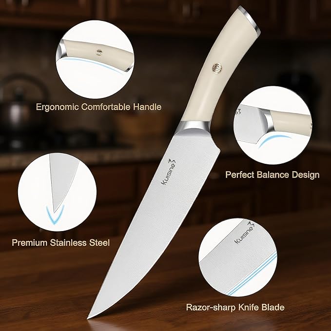 Kuisine Sharp Chef Knife Set,High Carbon Stainless Steel Ergonomic Rivet Handle,Knife Block Set with Built-in Sharpener(Acacia Ivory Pro,15PCS)