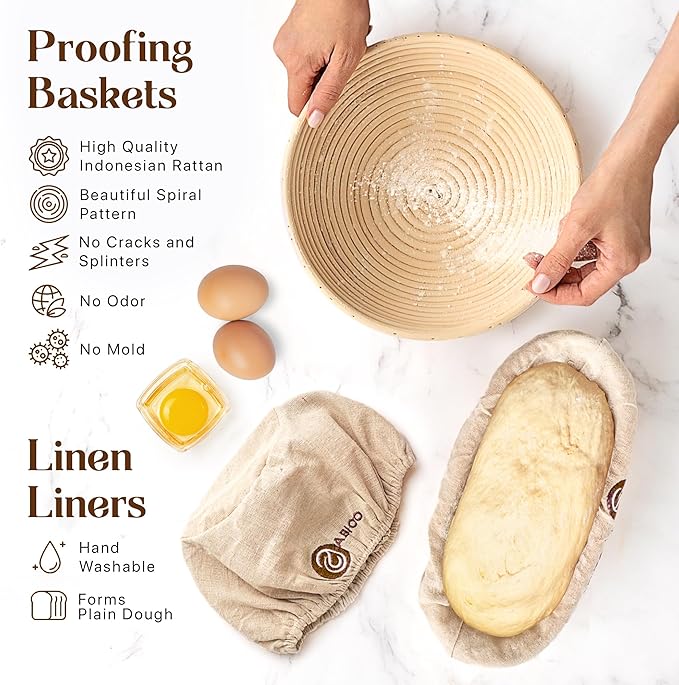 Sourdough Kit with Professional Bread Making Tools - A Complete Sourdough Bread Kit Including 10" Round & 11" Oval Bannetons, Bread Lame, Whisk, Bowl & Dough Scrapers, Slings, and Mat (17-Piece Kit)